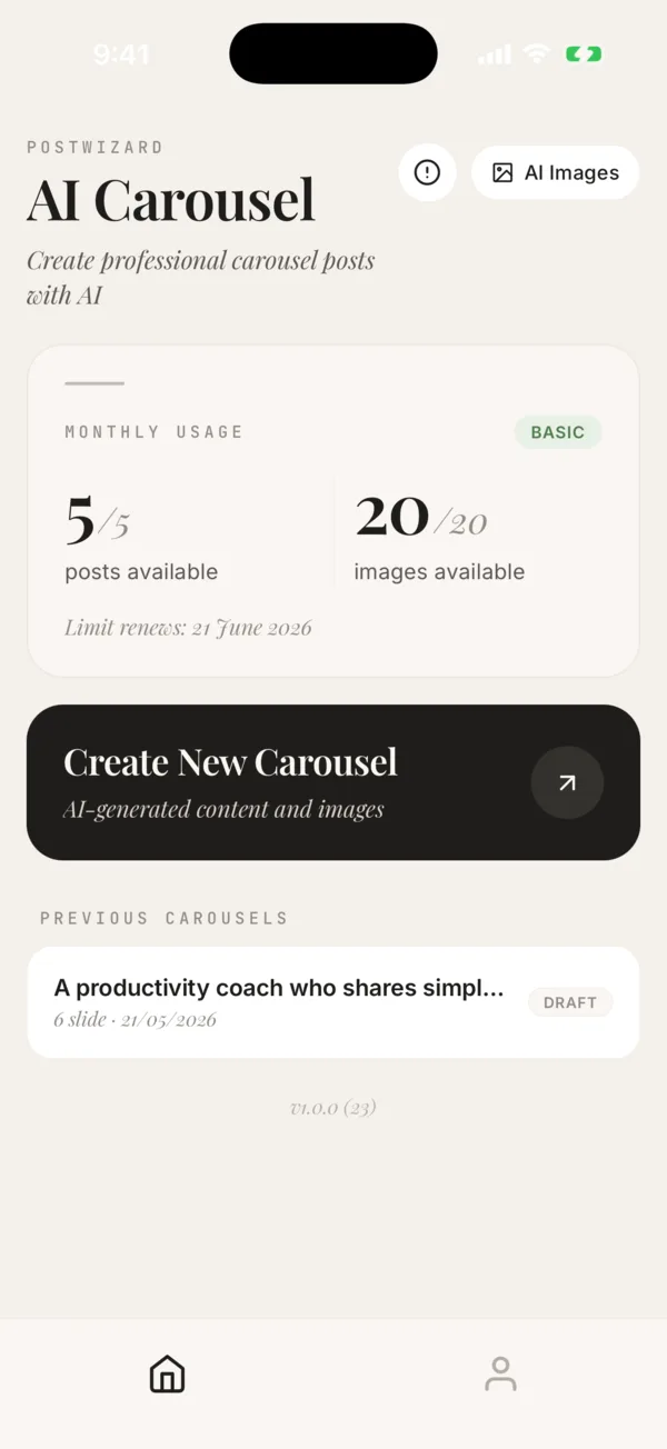 PostWizard app home screen